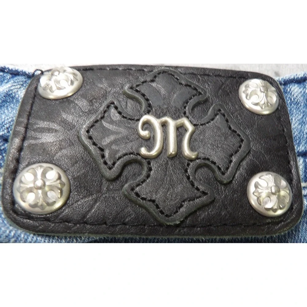 Miss Me Women Capri Jeans 28 Blue Denim Embellished Cross Flap Pocket Rhinestone